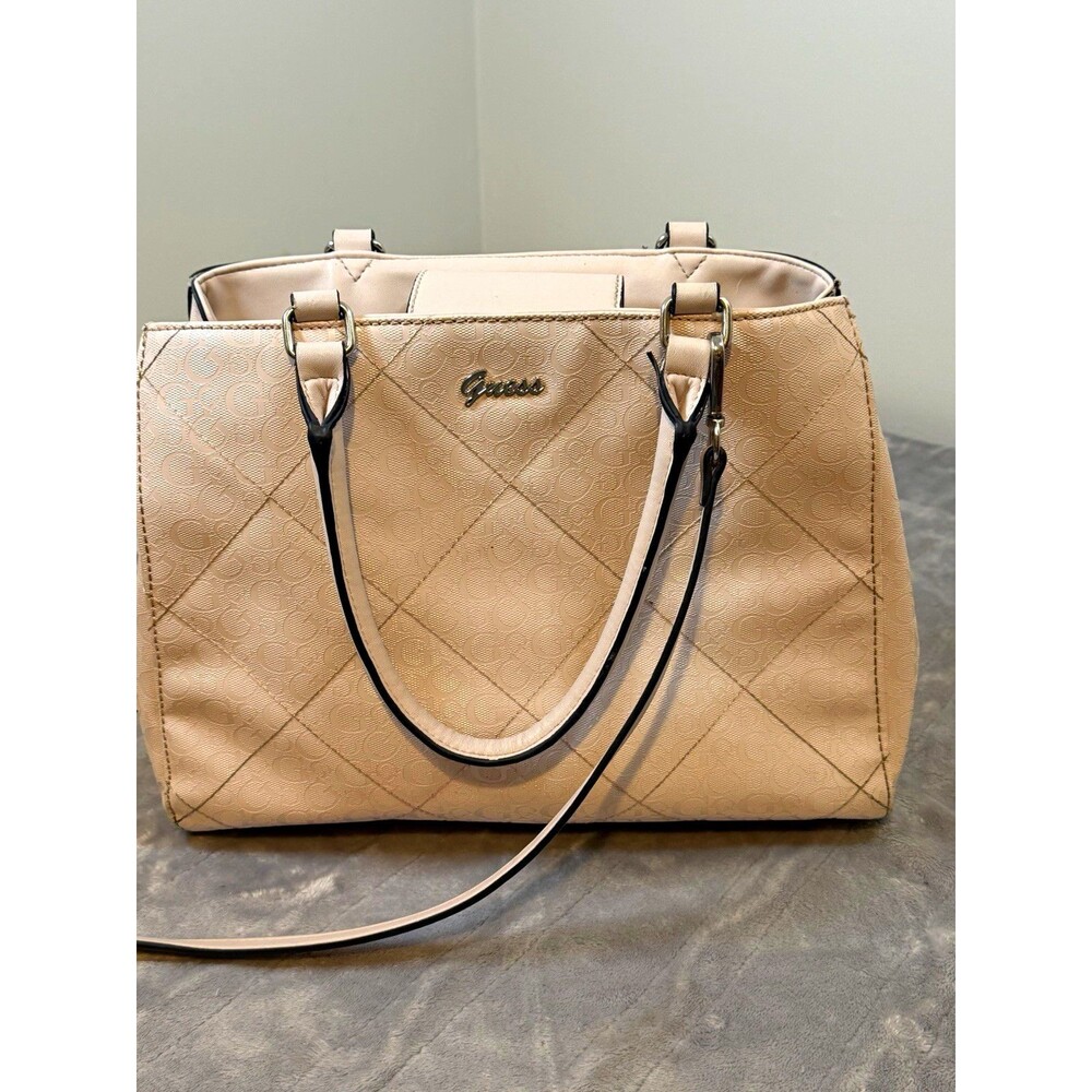 GUESS Beige Logo Quilted Satchel Top Handle Bag w/ Detachable Strap